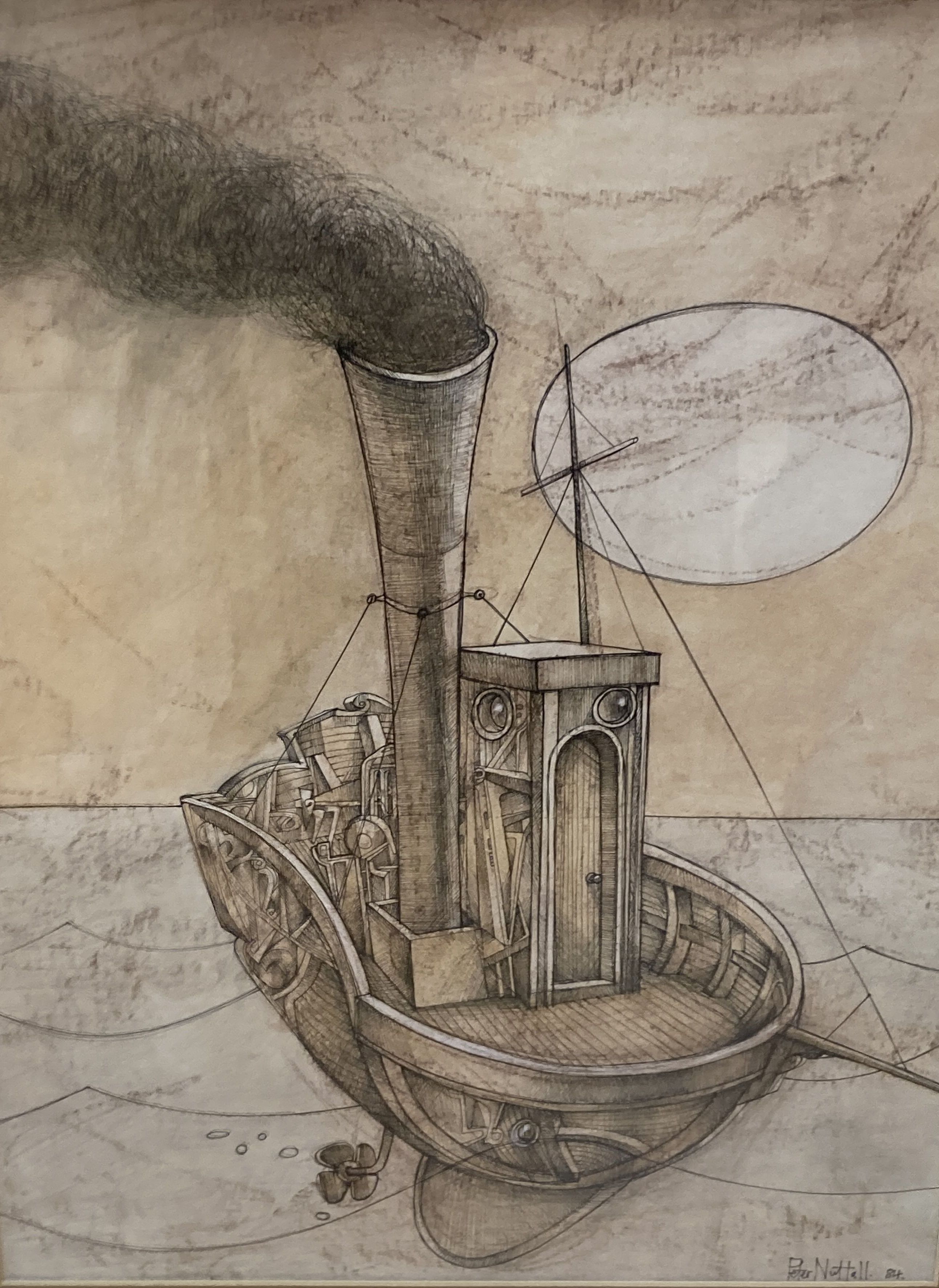 Peter Nuttall (1943-2011), ink and watercolour, Study of a steam boat, signed and dated 84, 52 x 39cm